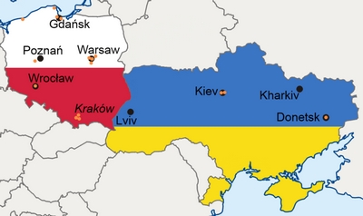 Kaart van Polen en Oekraïne met locaties van speelsteden en verblijfplaatsen.