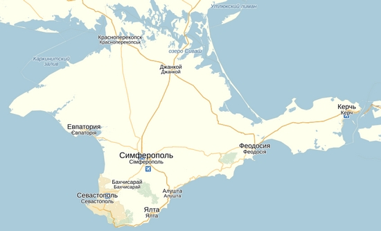 kaart van de Krim met Russische plaatsnamen