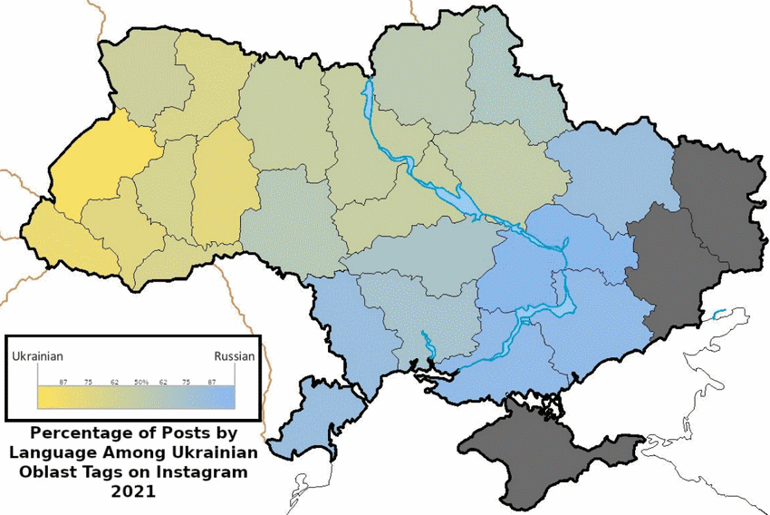 kaart van Oekrane met het percentage berichten per taal in de afzonderlijke provincies